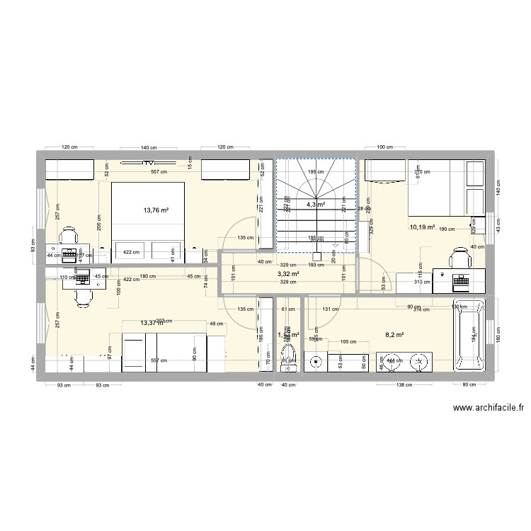 maison 1er étage. Plan de 7 pièces et 54 m2