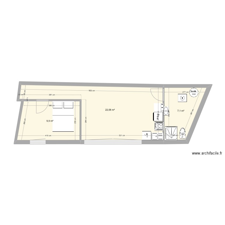 R=1. Plan de 3 pièces et 39 m2