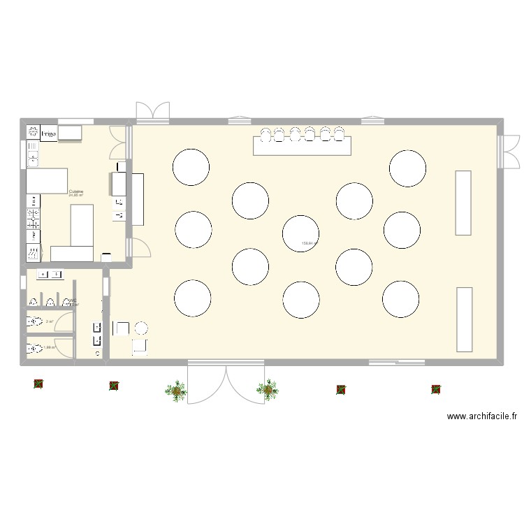 Salle de Réception + Cuisine professionnelle. Plan de 5 pièces et 196 m2