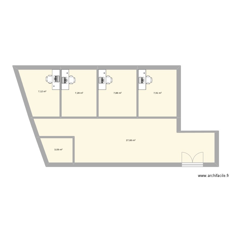 Bureau. Plan de 6 pièces et 61 m2