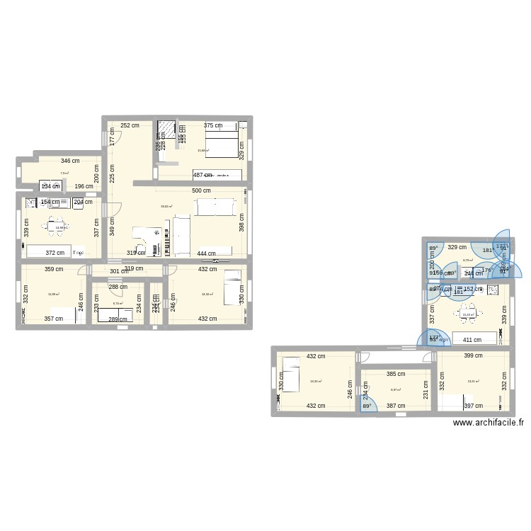 Plan PA avec mobilier. Plan de 9 pièces et 115 m2