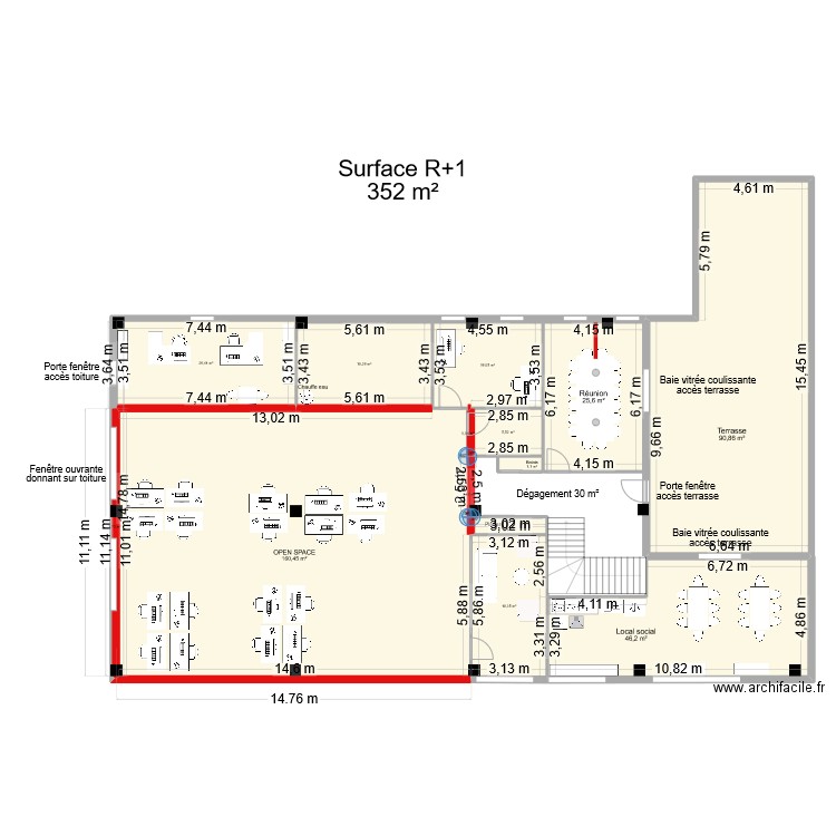 R+1 - V4 Dimensions. Plan de 14 pièces et 414 m2