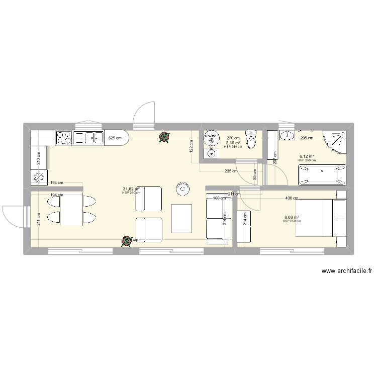 MAison container 40 pieds x2. Plan de 4 pièces et 49 m2