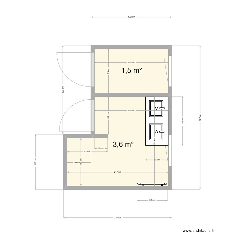 Etage-SDB-WC. Plan de 2 pièces et 5 m2