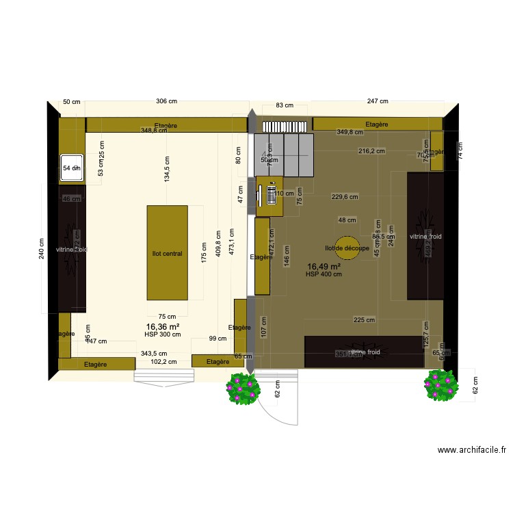 fromagerie. Plan de 2 pièces et 33 m2