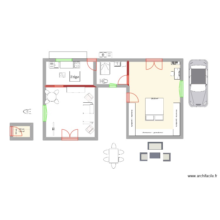 BUNGALO T2. Plan de 2 pièces et 31 m2