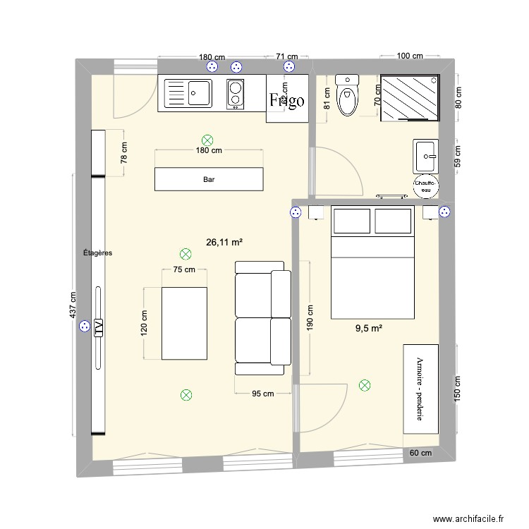 SEDAINE. Plan de 2 pièces et 36 m2