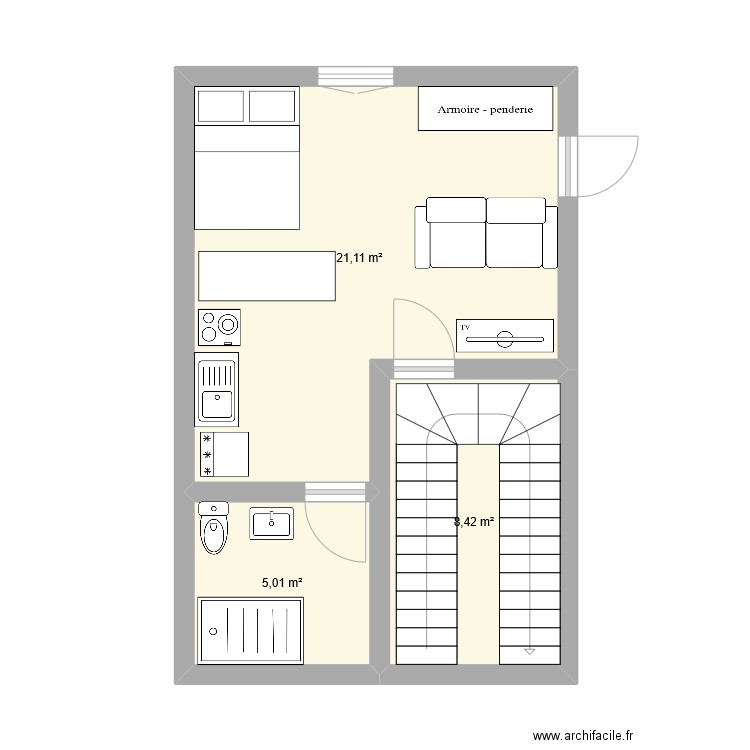 Etage 1 immeuble place cadelade. Plan de 3 pièces et 35 m2