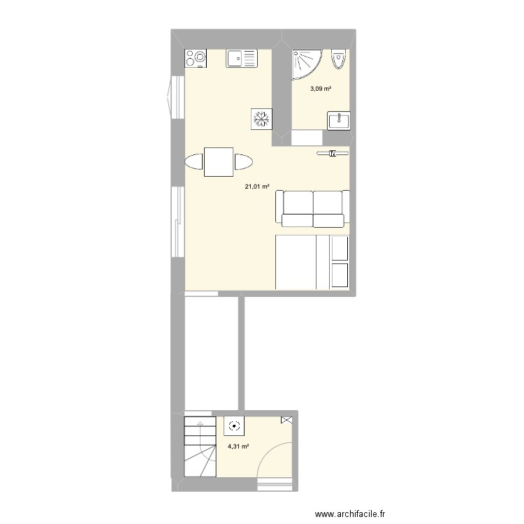 Schéma studio V2. Plan de 3 pièces et 28 m2