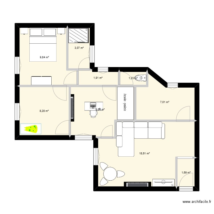 Arque V2. Plan de 9 pièces et 61 m2