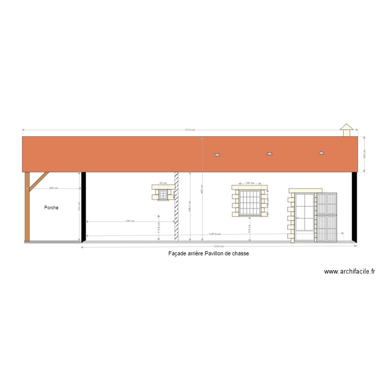 Façade arrière pavillon de chasse. Plan de 0 pièce et 0 m2