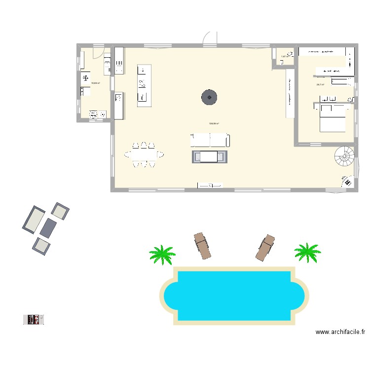 Rez de chaussée maison toit terrasse . Plan de 4 pièces et 177 m2