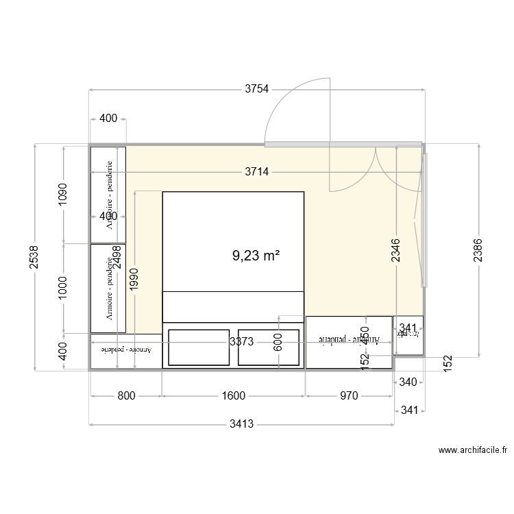 Chambre du bas. Plan de 1 pièce et 9 m2