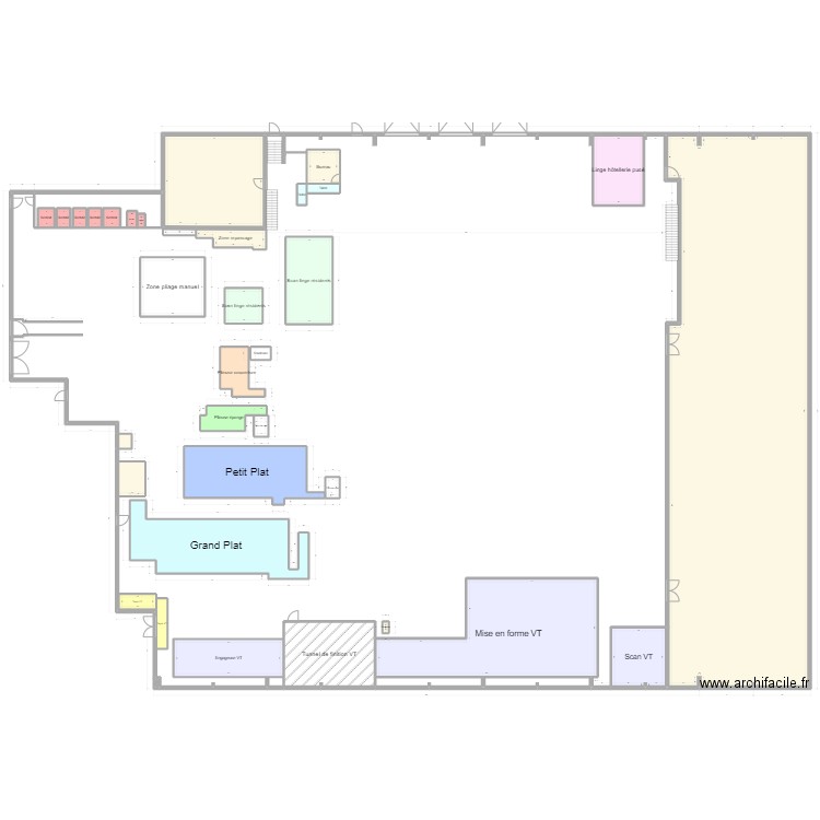 Zone propre blanchisserie. Plan de 38 pièces et 1325 m2