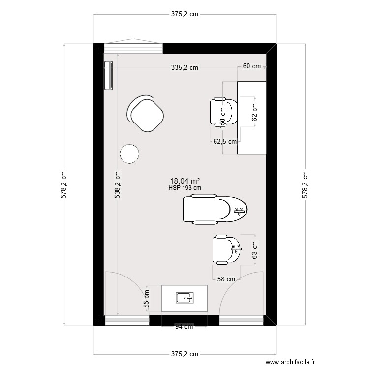 SALON DE COIFFURE v3. Plan de 1 pièce et 18 m2