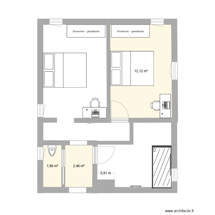 Etage Allemands - apres reno. Plan de 3 pièces et 16 m2