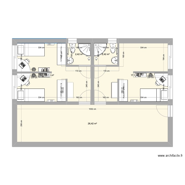 Habitat pour 2 étudiant. Plan de 5 pièces et 65 m2