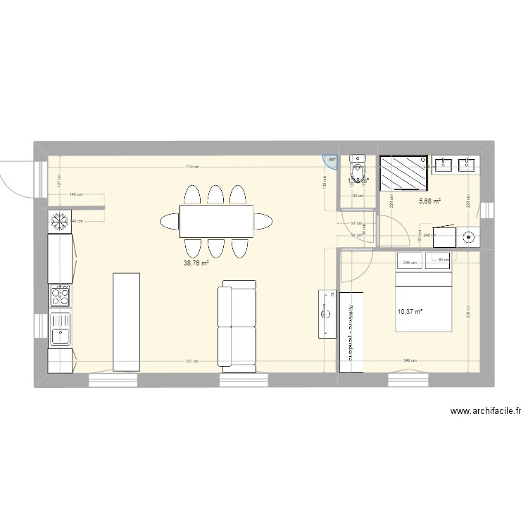 1 chambres. Plan de 4 pièces et 56 m2