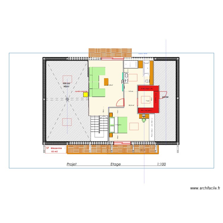 étage béné sansloggia 3. Plan de 2 pièces et 52 m2