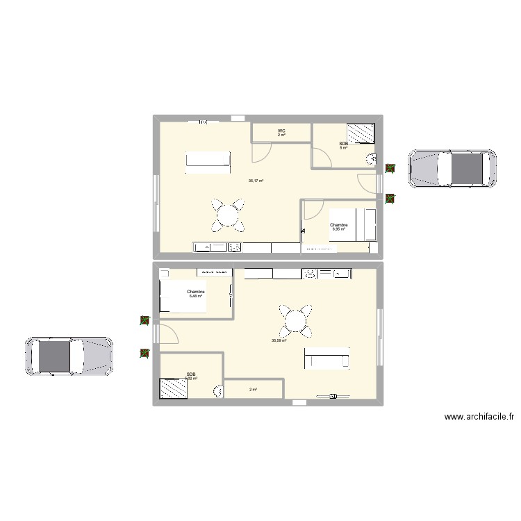 Appart 50m2. Plan de 8 pièces et 114 m2