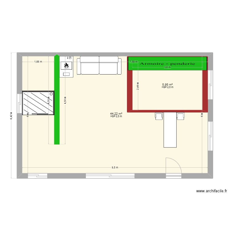 Mazet. Plan de 2 pièces et 65 m2