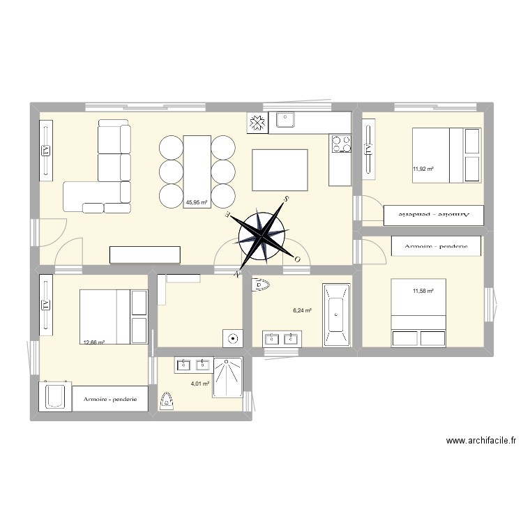 SuperMaison Poissonnais. Plan de 6 pièces et 92 m2