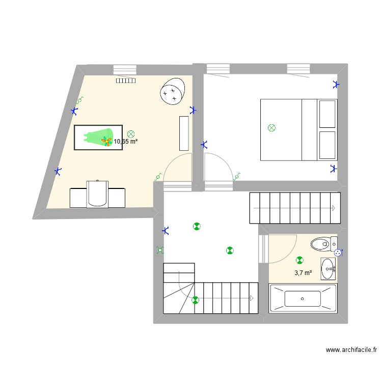 chambre. Plan de 2 pièces et 14 m2