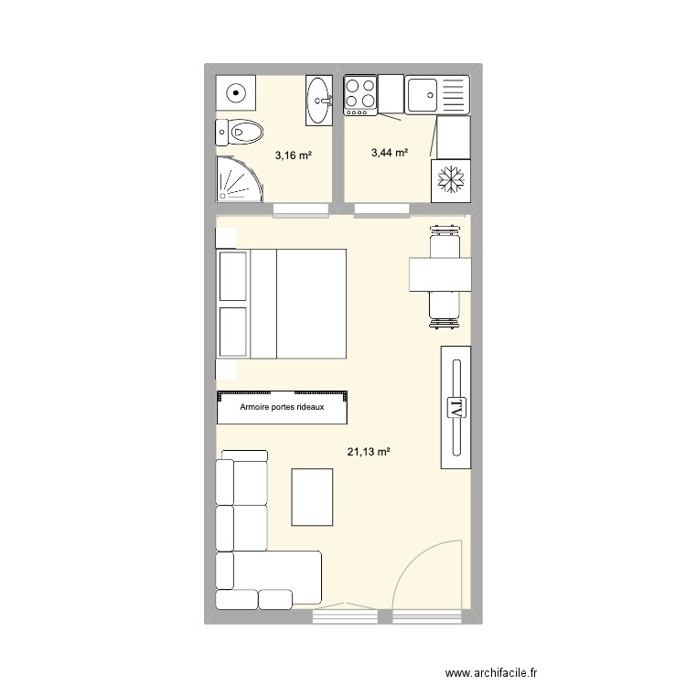 studio cap zebib. Plan de 3 pièces et 28 m2