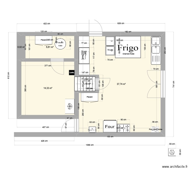 Cuisine Salle des fêtes. Plan de 5 pièces et 59 m2