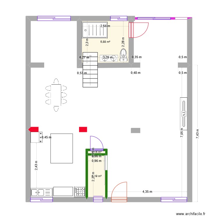 RDC  APRES TRAVAUX. Plan de 3 pièces et 8 m2