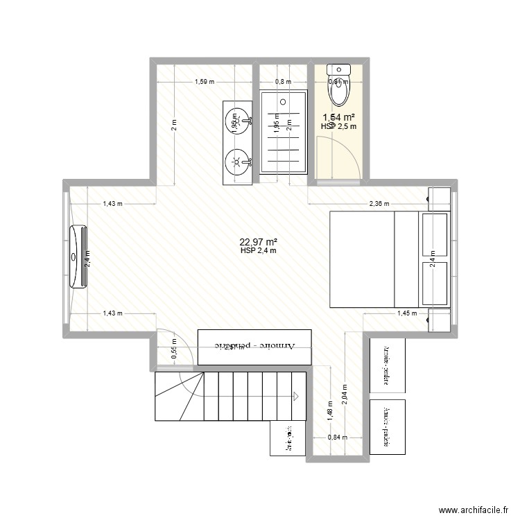 chambre haut. Plan de 2 pièces et 25 m2