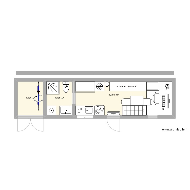 Tiny House Remorque 10m. Plan de 3 pièces et 19 m2