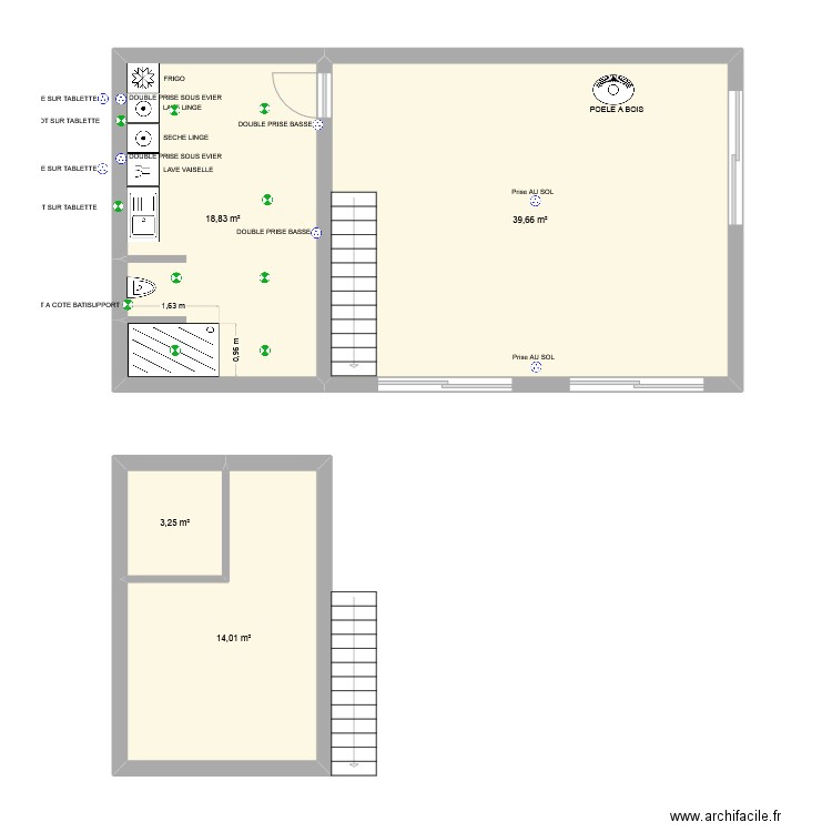 grange. Plan de 4 pièces et 76 m2