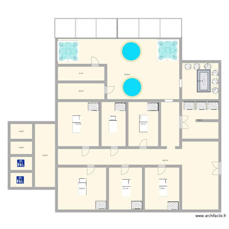 Spa. Plan de 16 pièces et 324 m2