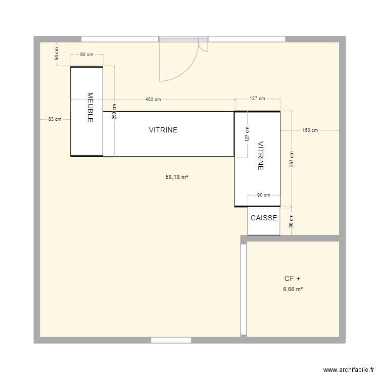 magasin juillan. Plan de 2 pièces et 65 m2