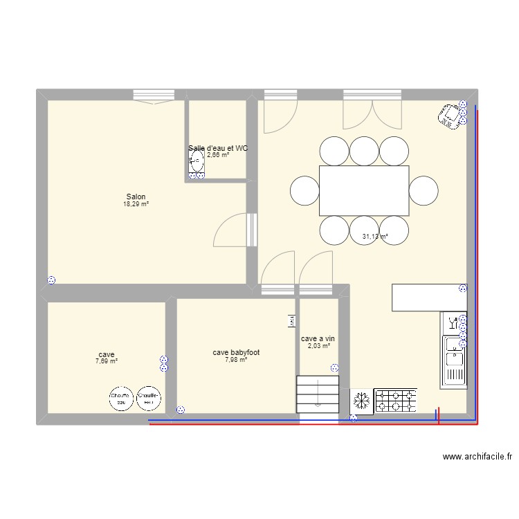 r-1 . Plan de 6 pièces et 70 m2