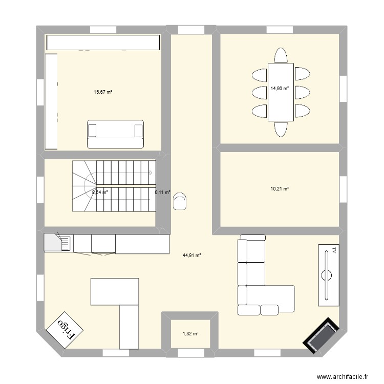 rdc . Plan de 7 pièces et 96 m2