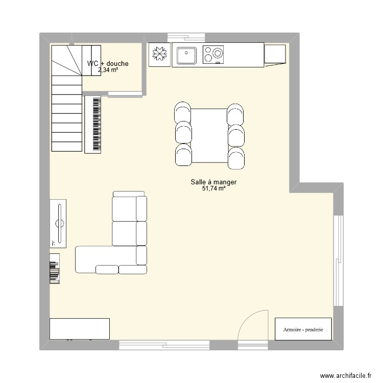 RDC cuisine derrière. Plan de 2 pièces et 54 m2