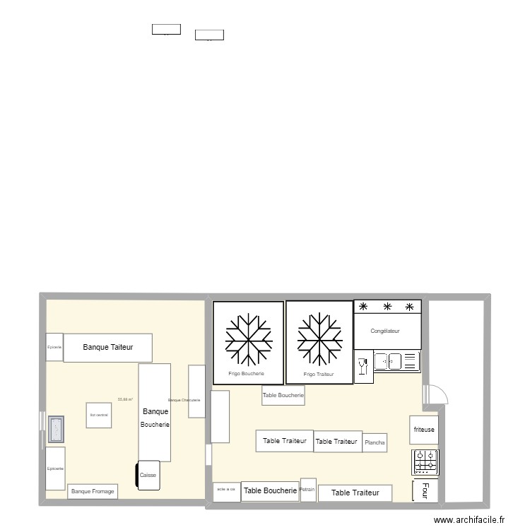 boucherie. Plan de 2 pièces et 133 m2