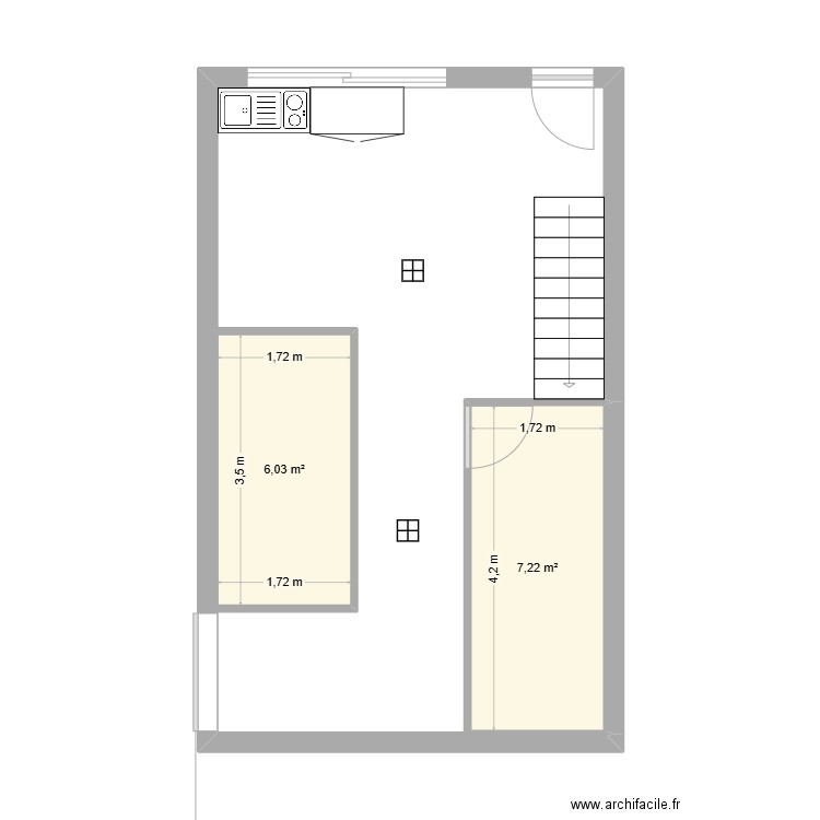 Bureau 2. Plan de 2 pièces et 13 m2