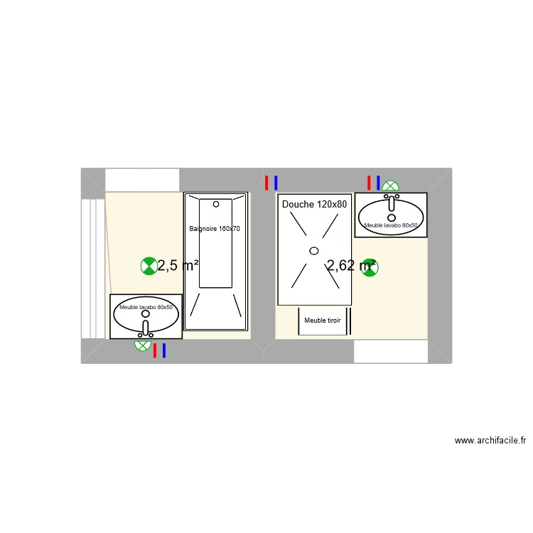 Sdb Kids. Plan de 2 pièces et 5 m2