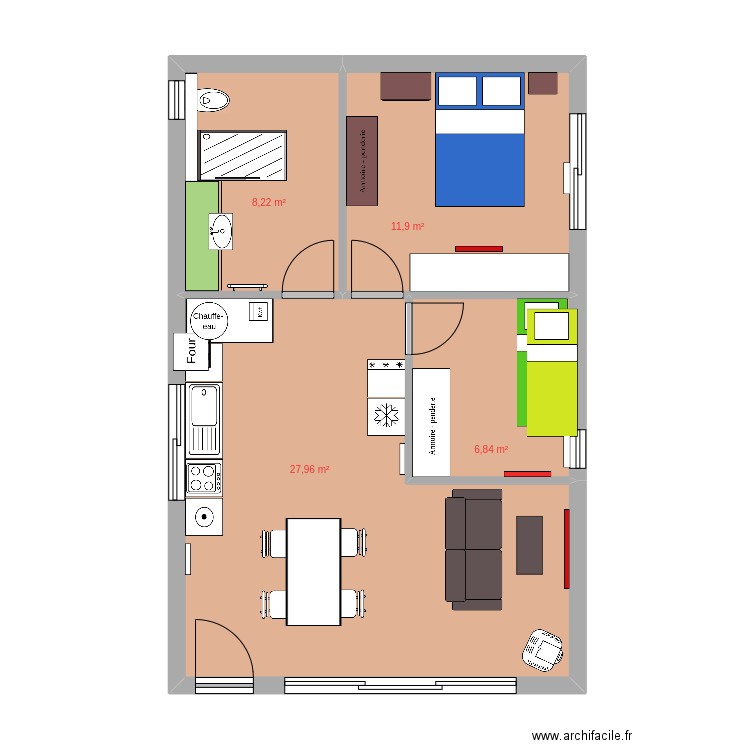 tout en long 2ch 55m2. Plan de 4 pièces et 55 m2