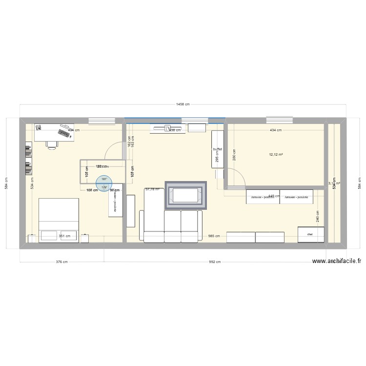 plan haut. Plan de 3 pièces et 73 m2