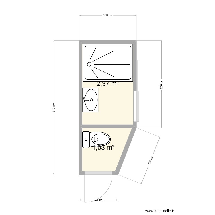 SDB MOBIL HOME. Plan de 2 pièces et 3 m2