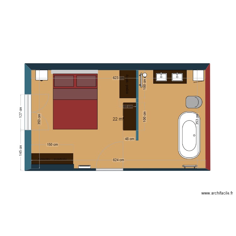 chambre . Plan de 1 pièce et 22 m2