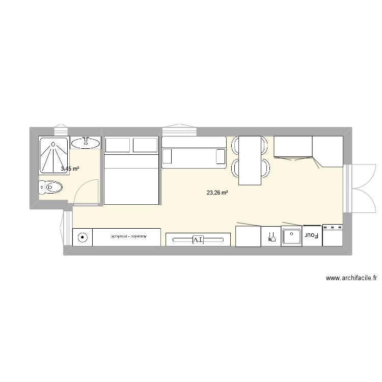 yvonne studio2. Plan de 2 pièces et 27 m2