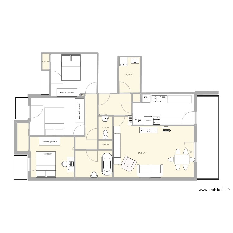 appart meublé. Plan de 8 pièces et 54 m2