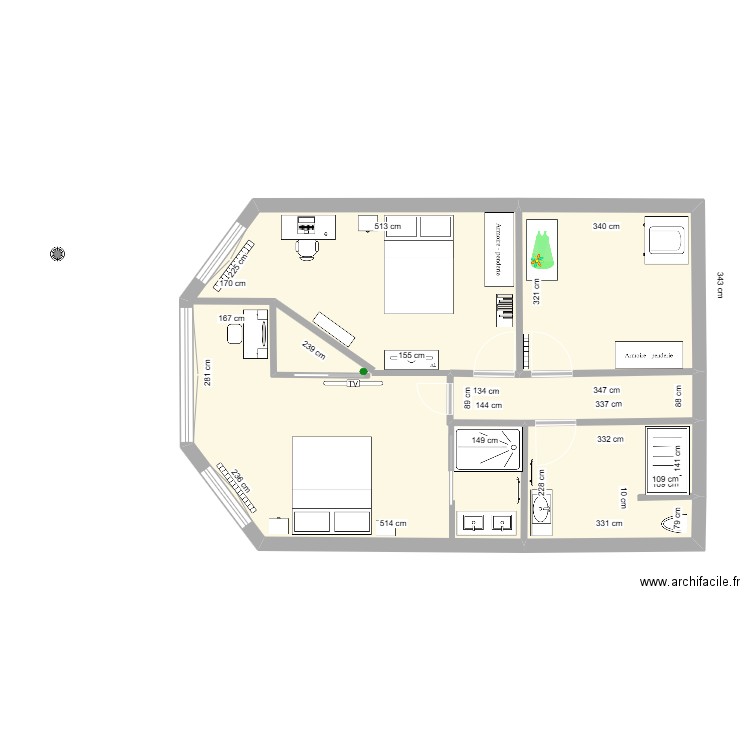 rez de chaussé. Plan de 4 pièces et 61 m2