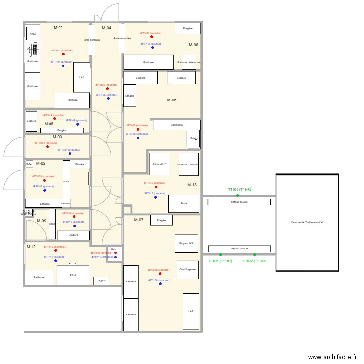 Sondes cleanroom. Plan de 14 pièces et 100 m2