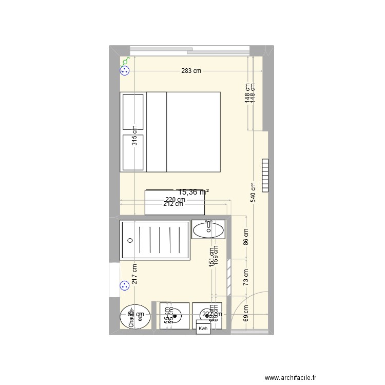 Chambre Eve. Plan de 1 pièce et 15 m2